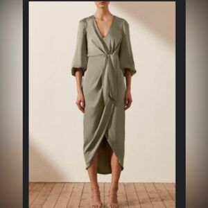 Shona Joy Luxe Tie Front Balloon Sleeve Midi Dress eucalyptus